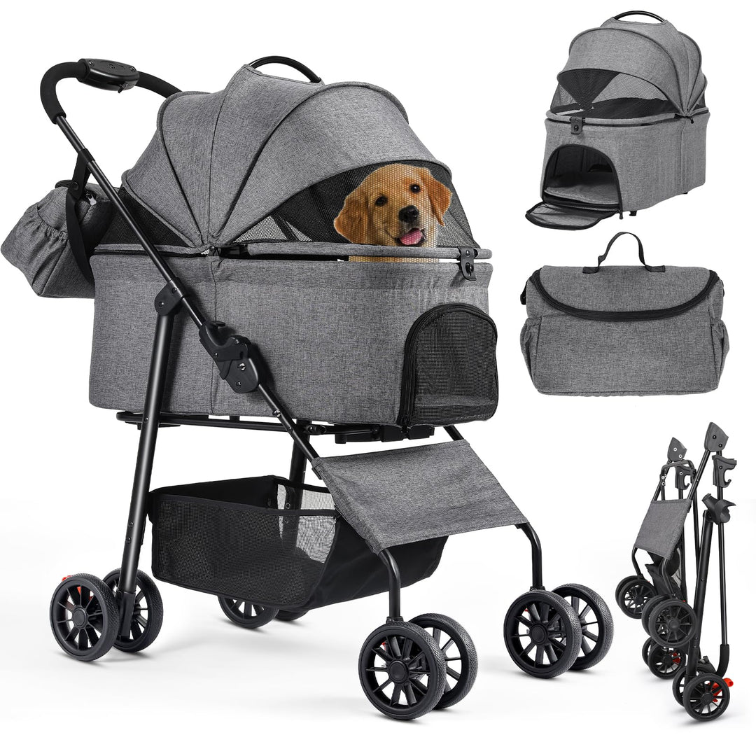 MAMIZO Hundewagen 3 in1,Hundebuggy Bis 30kg,4 Paar 360°Doppelräder,Hunde Wagen mit einer Umhängetasc