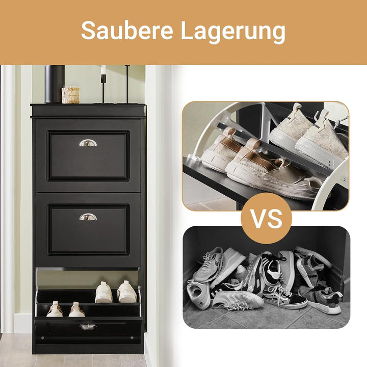 SoBuy Schuhschrank mit 3 Klappen - Schmaler Schuhkipper mit 6 Ablagen, Verstellbares Schuhregal für