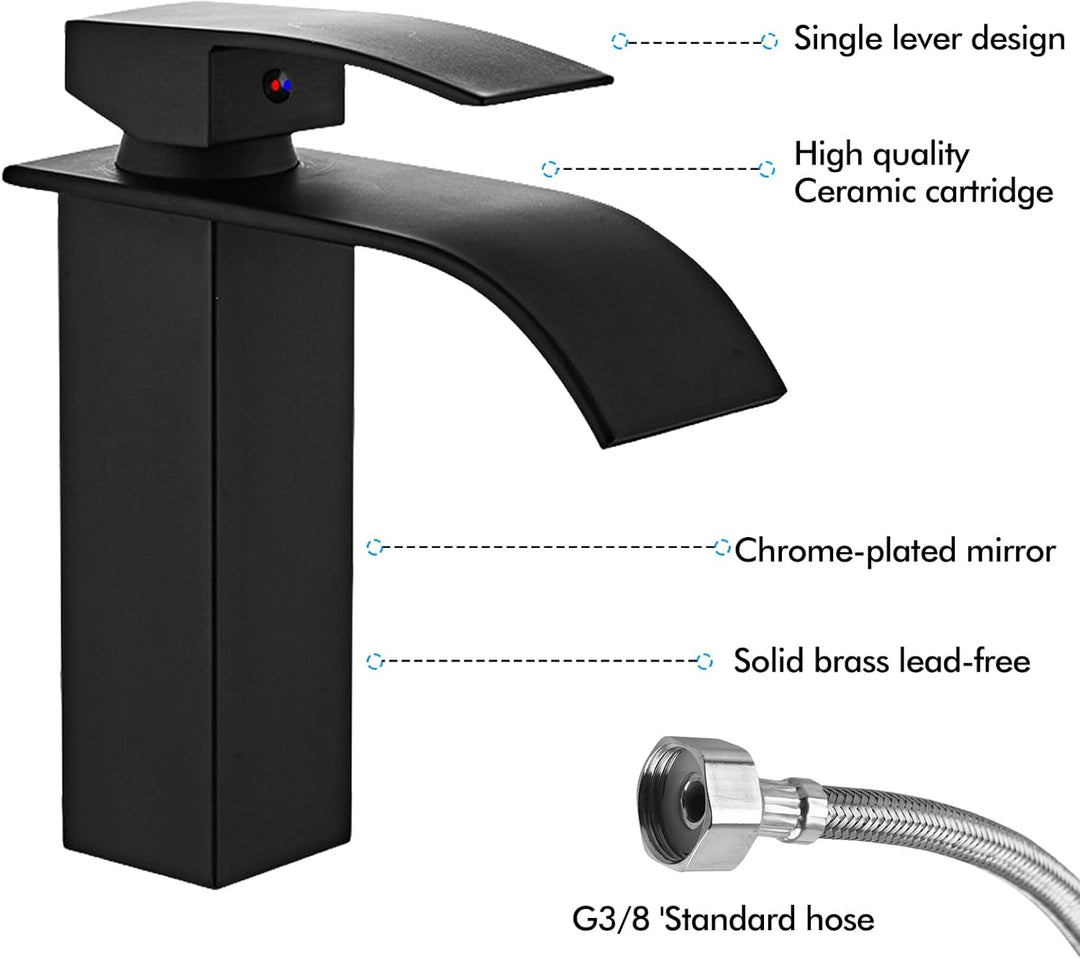 Touch-On Wasserhahn Bad Schwarz - Mattierte Wasserfall-Armatur mit Fingerprint-Schutz | Einhebelmisc