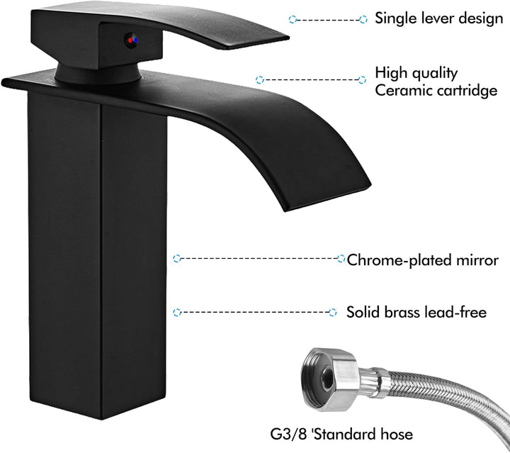 Touch-On Wasserhahn Bad Schwarz - Mattierte Wasserfall-Armatur mit Fingerprint-Schutz | Einhebelmisc
