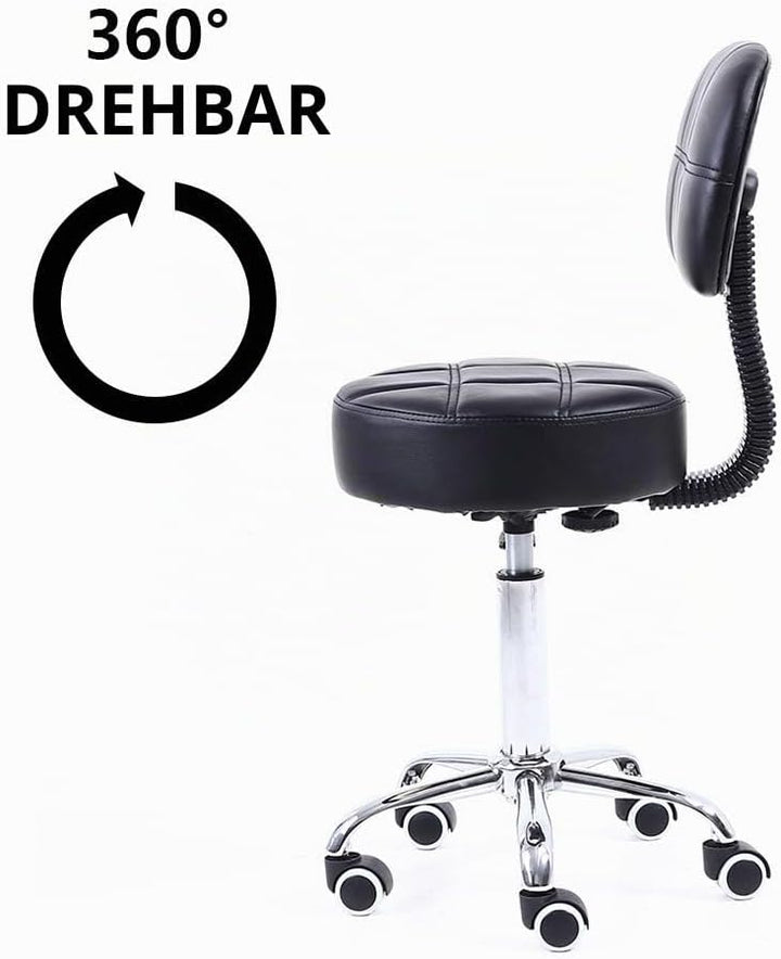 KKTONER Rollhocker mit Rückenlehne Höhenverstellbarer 50-64cm Schwarz | 360° drehbar Salon Hocker PU