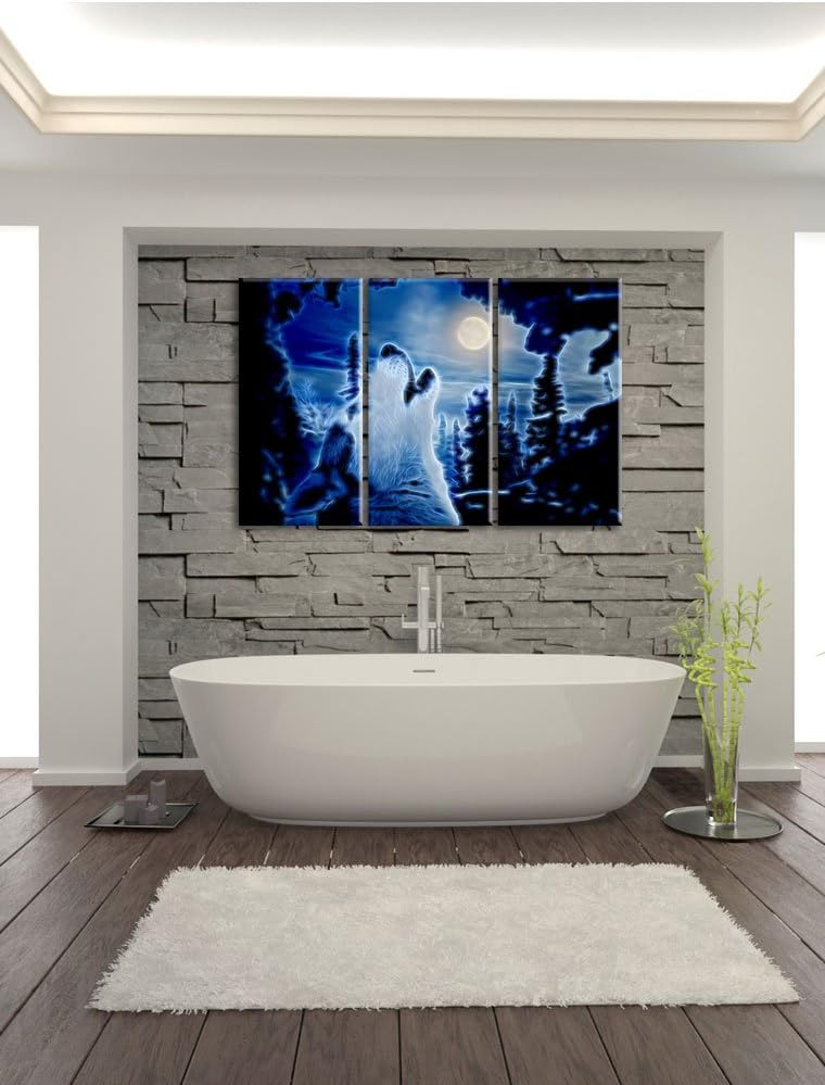 Pixxprint Heulender Wolf im Mondlicht als Leinwandbild/Grösse: 3 Teilig (120x80 cm) cm/Wandbild/Kuns