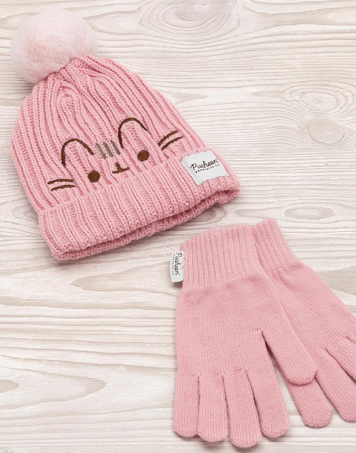 Pusheen Beanie und Handschuhe Frauen Katze rosa gestrickter Winterhut