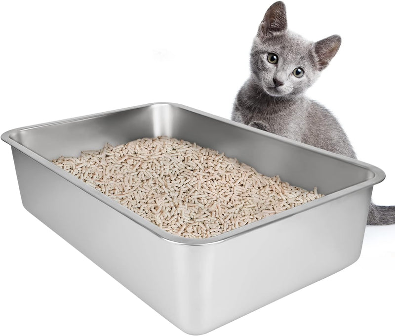 IKITCHEN Grosse Katzentoilette Edelstahl(50×35×10cm), Litter Box Katzenklo, Katzen und Kaninchen Met