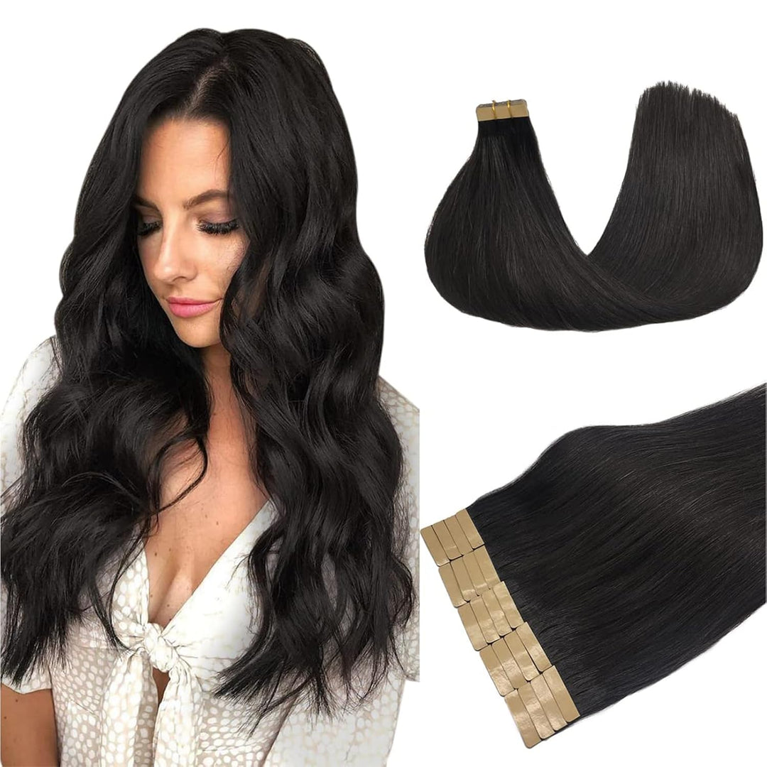 DOORES Tape Extensions Echthaar Natürliches Echthaar Tape in Menschliches Haar, Natürliches Schwarz