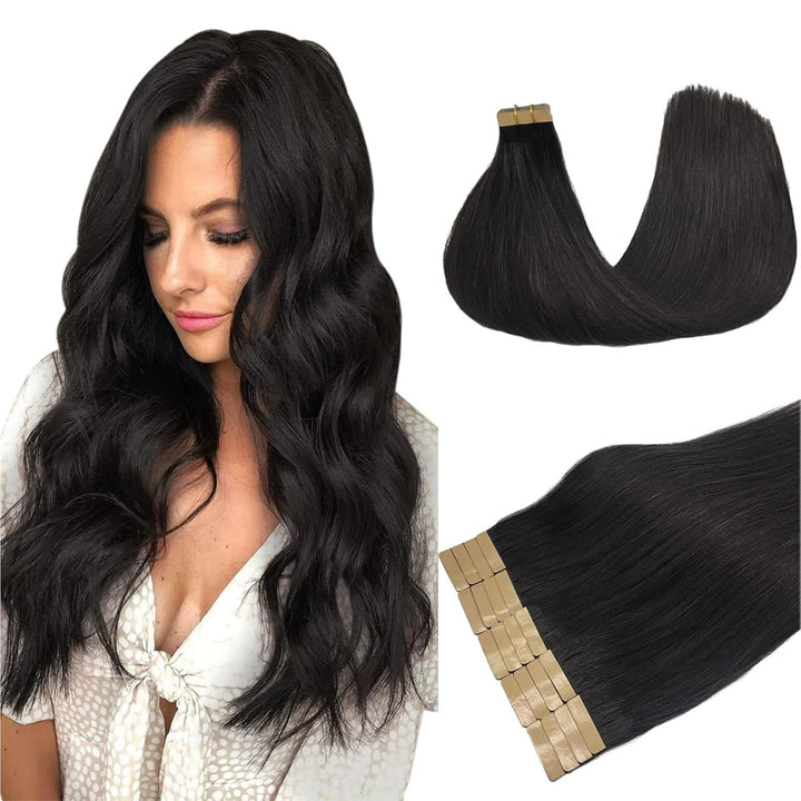 DOORES Tape Extensions Echthaar Natürliches Echthaar Tape in Menschliches Haar, Natürliches Schwarz