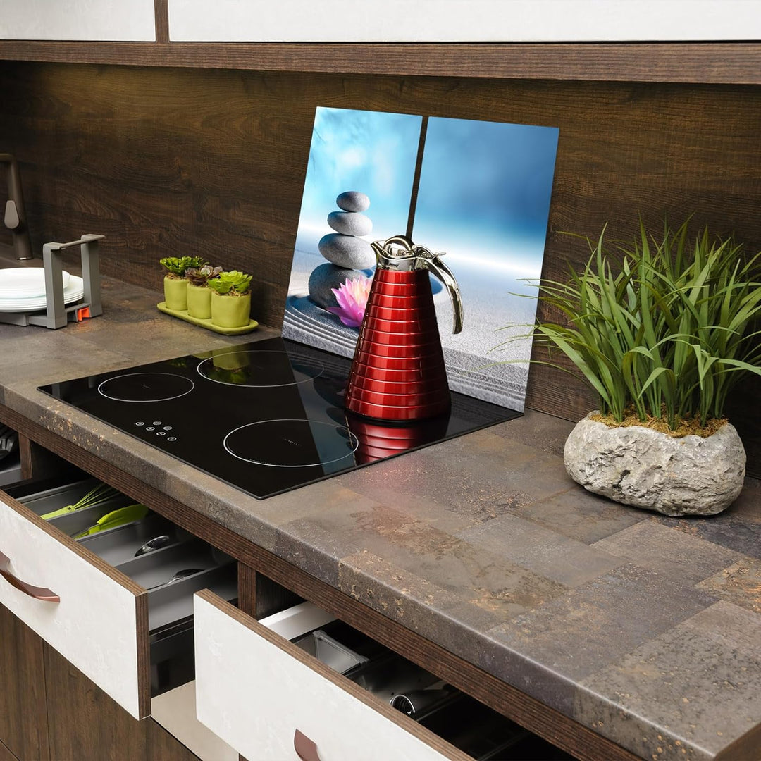 SmartDecoration Herdabdeckplatte Ceranfeldabdeckung aus Glas 2 x 30x52 cm Zweiteilig Motiv "feng shu