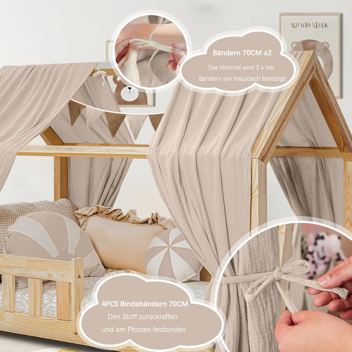 Hausbett Himmel Deko Set, Betthimmel Hausbett aus Musselin - 2 Betthimmel & 1 Wimpelkette, für Junge