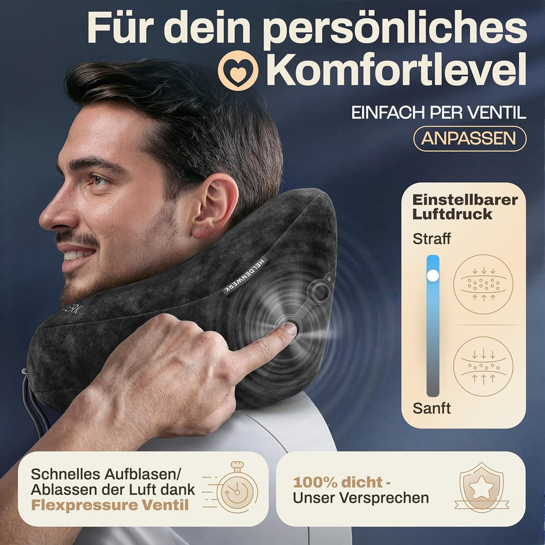 HELDENWERK® Air Nackenkissen Flugzeug Aufblasbar | Reisekissen für 5 Schlafpositionen, schnell aufbl