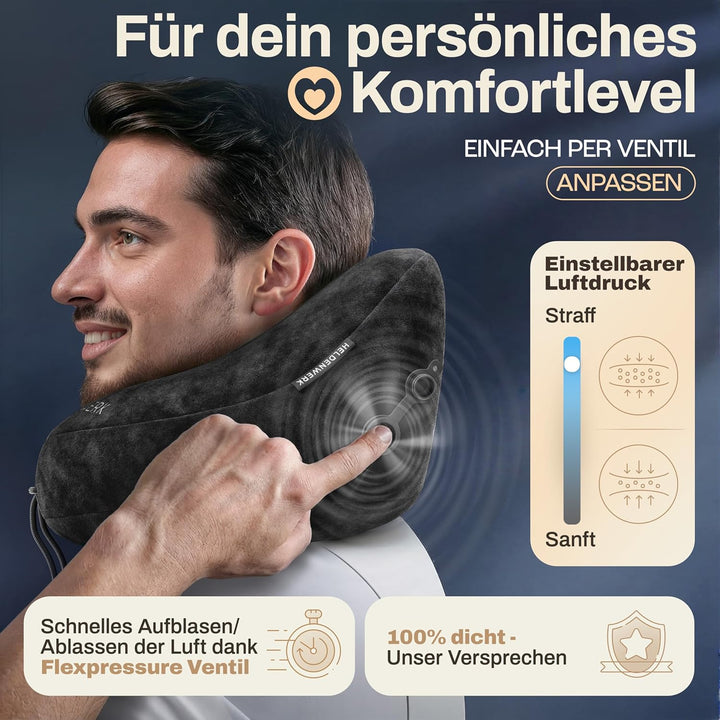 HELDENWERK® Air Nackenkissen Flugzeug Aufblasbar | Reisekissen für 5 Schlafpositionen, schnell aufbl
