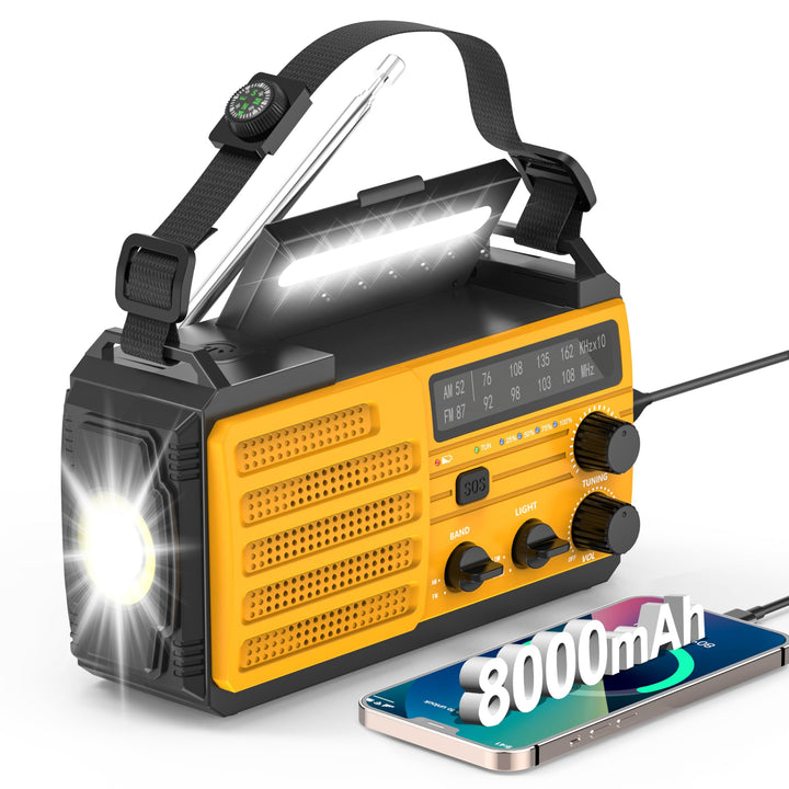 Tragbarer Solarradio Kurbelradio mit 3 Lademöglichkeiten, 8000 mAh Powerbank, AM/FM-Radio, SOS-Alarm