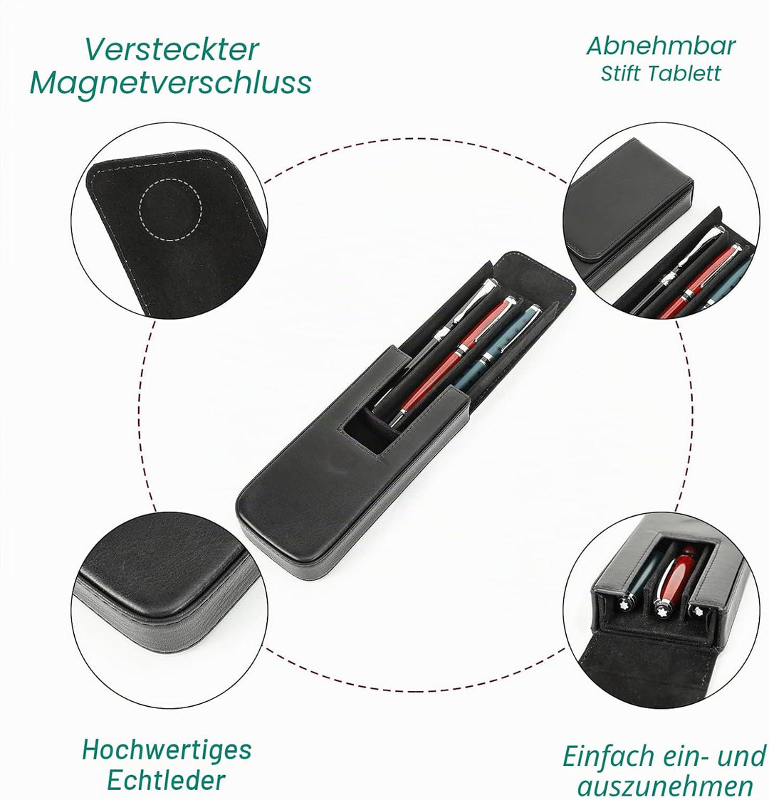 Hiram Leder-Füllhalteretui, Leder-Füllhalterbox für 3 Stifte mit Verstecktem Magnetischem Schnappver