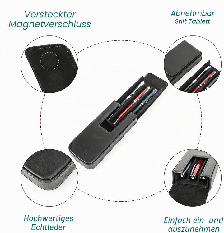 Hiram Leder-Füllhalteretui, Leder-Füllhalterbox für 3 Stifte mit Verstecktem Magnetischem Schnappver