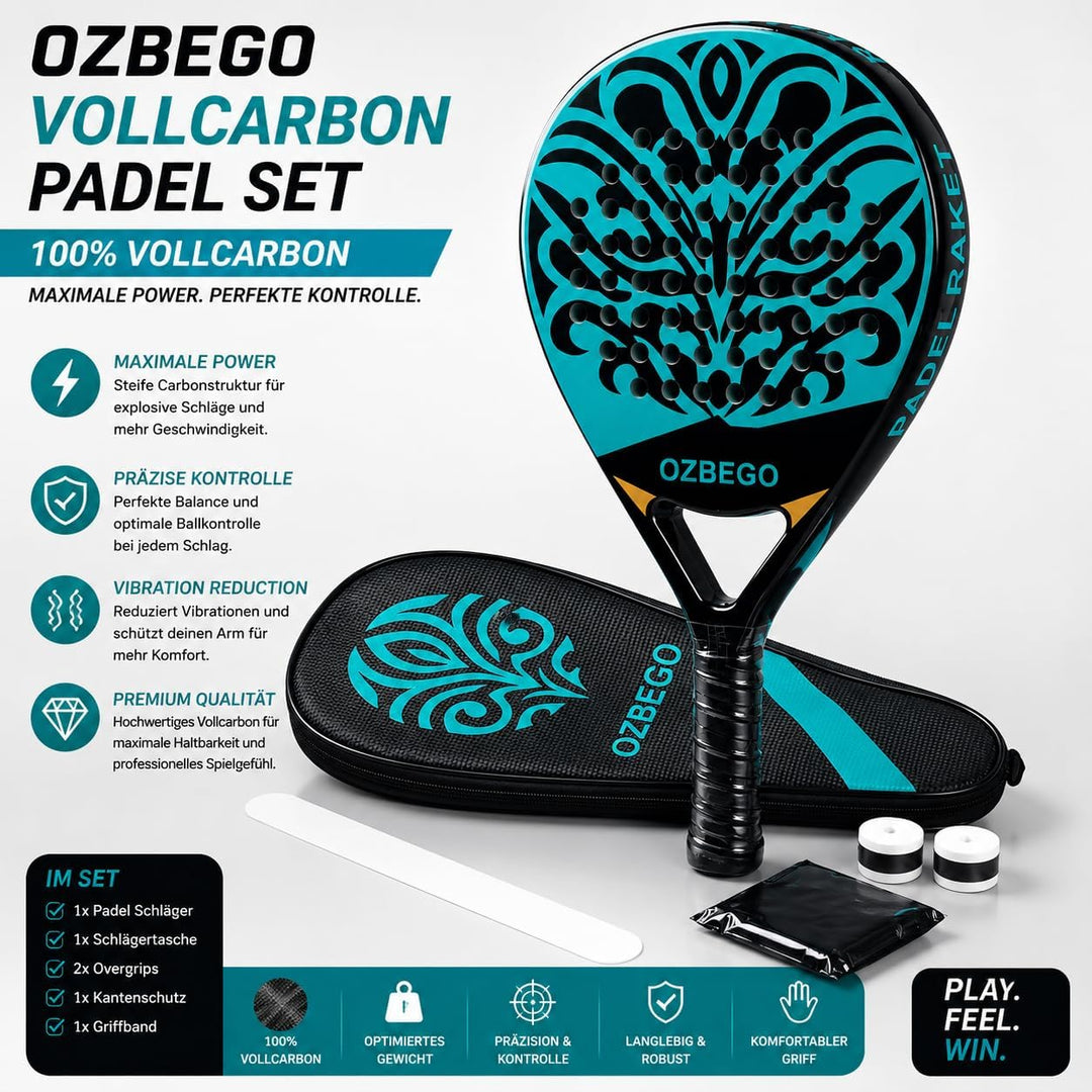 OZBEGO Padelschläger Set aus Vollcarbon inkl. Tasche, 2 Overgrips, Handgelenkband &amp; Schutzfolie – Le