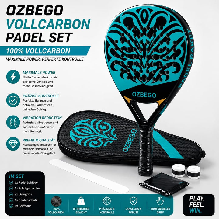 OZBEGO Padelschläger Set aus Vollcarbon inkl. Tasche, 2 Overgrips, Handgelenkband &amp; Schutzfolie – Le