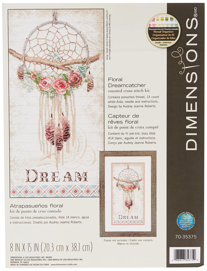Dimensions D70-35375 Dream Catcher Kit, 14 Count White Aida Cloth, 8" x 15" Counted Cross Stitch: Fl