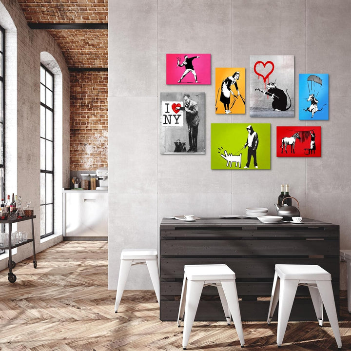 Novart Wandbilder Banksy Collage - KOMPLETT AUFHÄNGFERTIG - Bunt Wohnzimmer Büro - 7 Moderne Mood-Bi