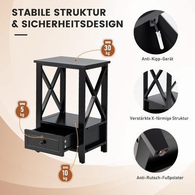 COSTWAY 2 Ebenen Nachttisch mit Schublade, Beistelltisch Holz, moderner Nachtschrank, Nachtkommode f