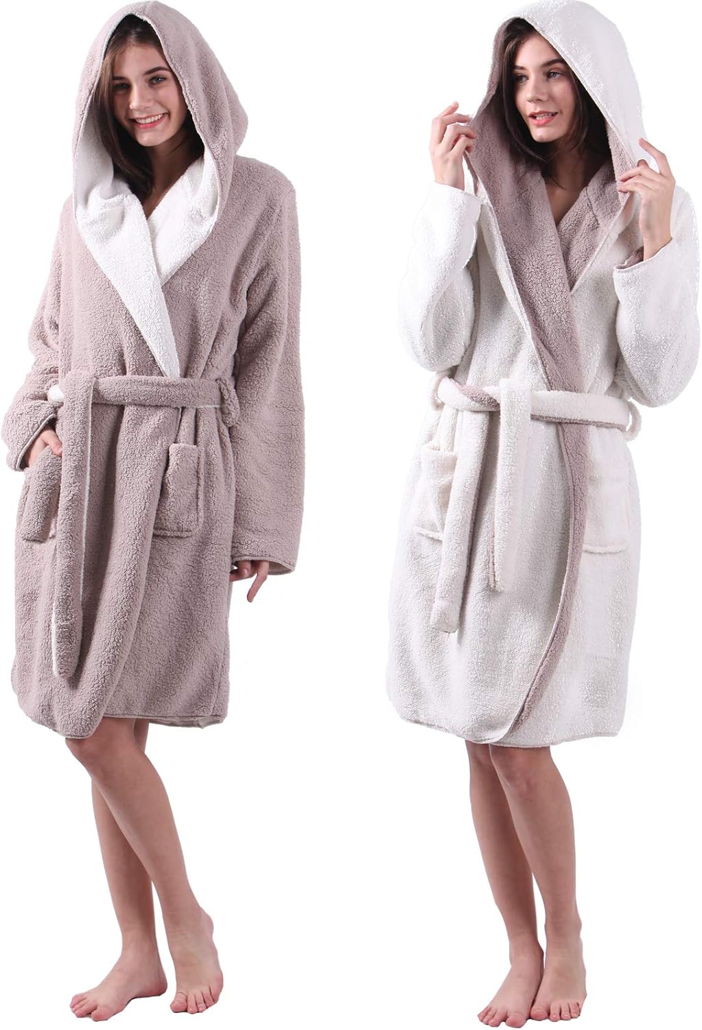 HOMELEVEL Sherpa Wende Bademantel Lammfell Optik für Damen und Herren mit Kapuze Morgenmantel Hausma