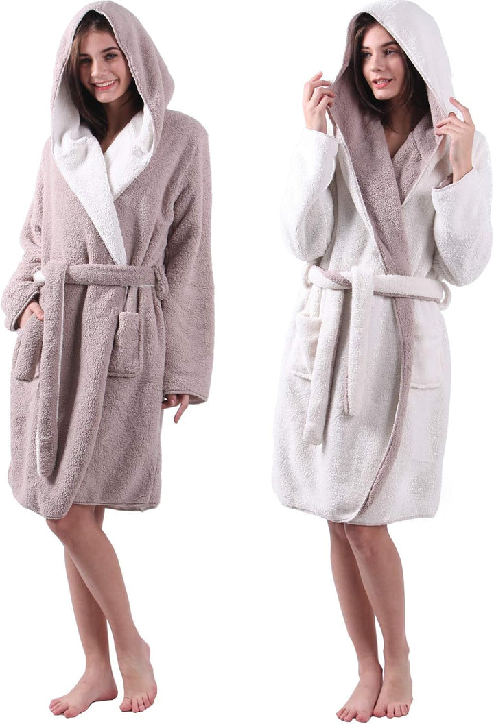 HOMELEVEL Sherpa Wende Bademantel Lammfell Optik für Damen und Herren mit Kapuze Morgenmantel Hausma