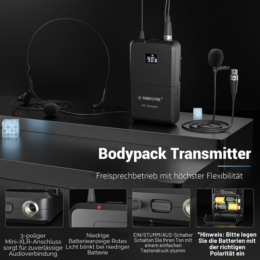 Phenyx Pro Wireless Mikrofon System mit Dual-Handheld-Funkmikrofon/Bodypack/Headset/Lapel-Mikrofon,