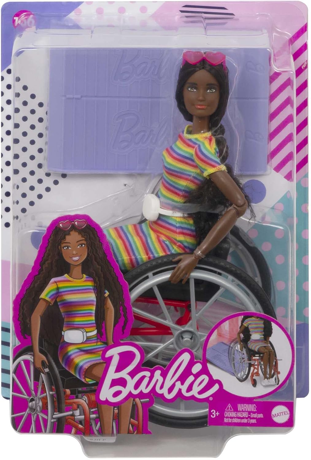 Barbie GRB94 - Fashionistas Puppe mit Rollstuhl und gekräuselten braunen Haaren, Kleid mit Regenboge