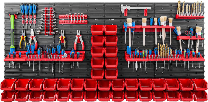 Lagersystem Werkstattregal | 156 x 78 cm | 40 stck. Box | Wandregal mit Werkzeughalterungen und Stap