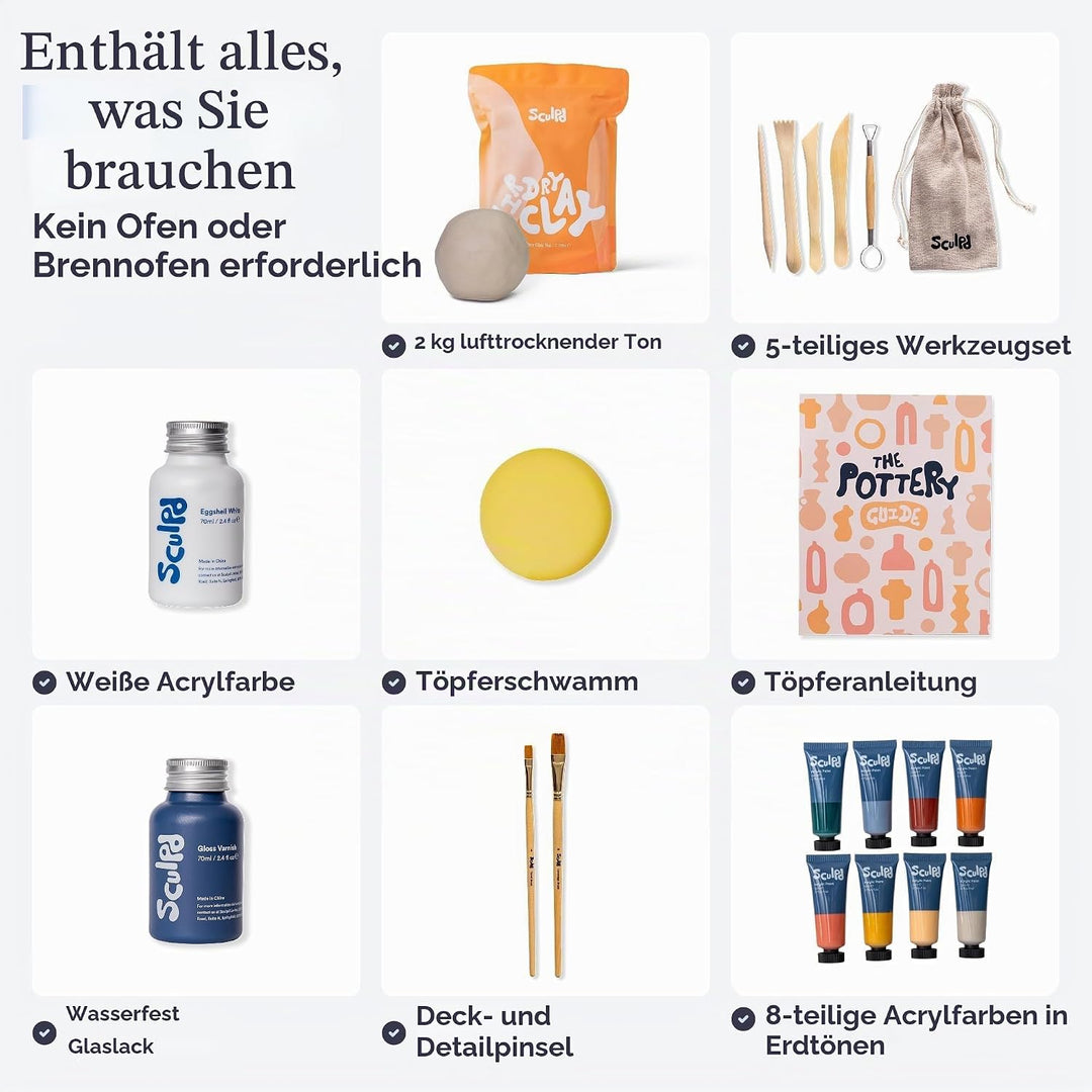 Sculpd – Das originale Töpfer-Set, Komplettes lufttrocknendes Ton-Set für Erwachsene, inklusive Mode