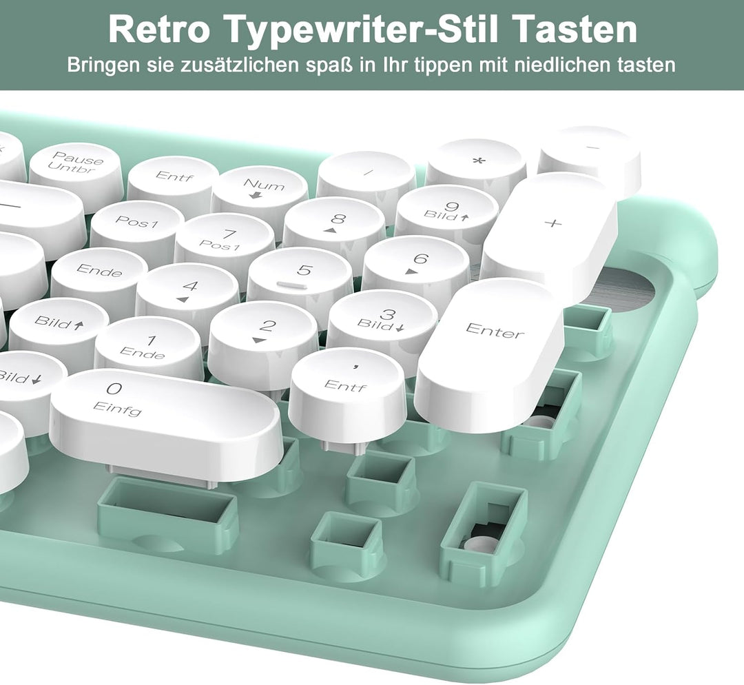 RaceGT Funk Tastatur Maus Set 2.4G Retro Rund QWERTZ Numblock Leise Kompakt Grün&amp;Weiss, Grün&amp;Weiss