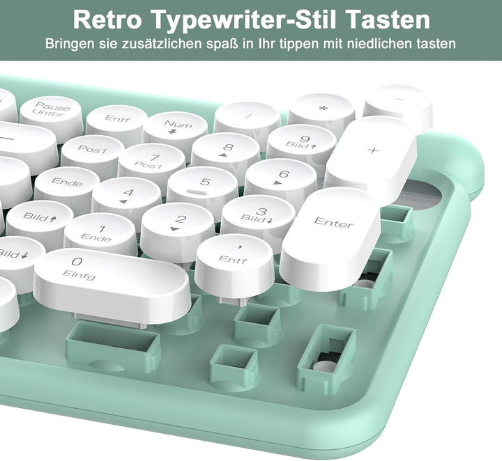 RaceGT Funk Tastatur Maus Set 2.4G Retro Rund QWERTZ Numblock Leise Kompakt Grün&amp;Weiss, Grün&amp;Weiss