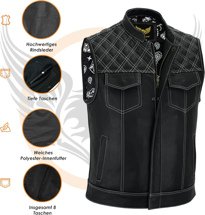 Leatherick Groove Club Herren-Motorradweste aus schwarzem Leder – Bikerweste 48 Schwarz (weisse Raut