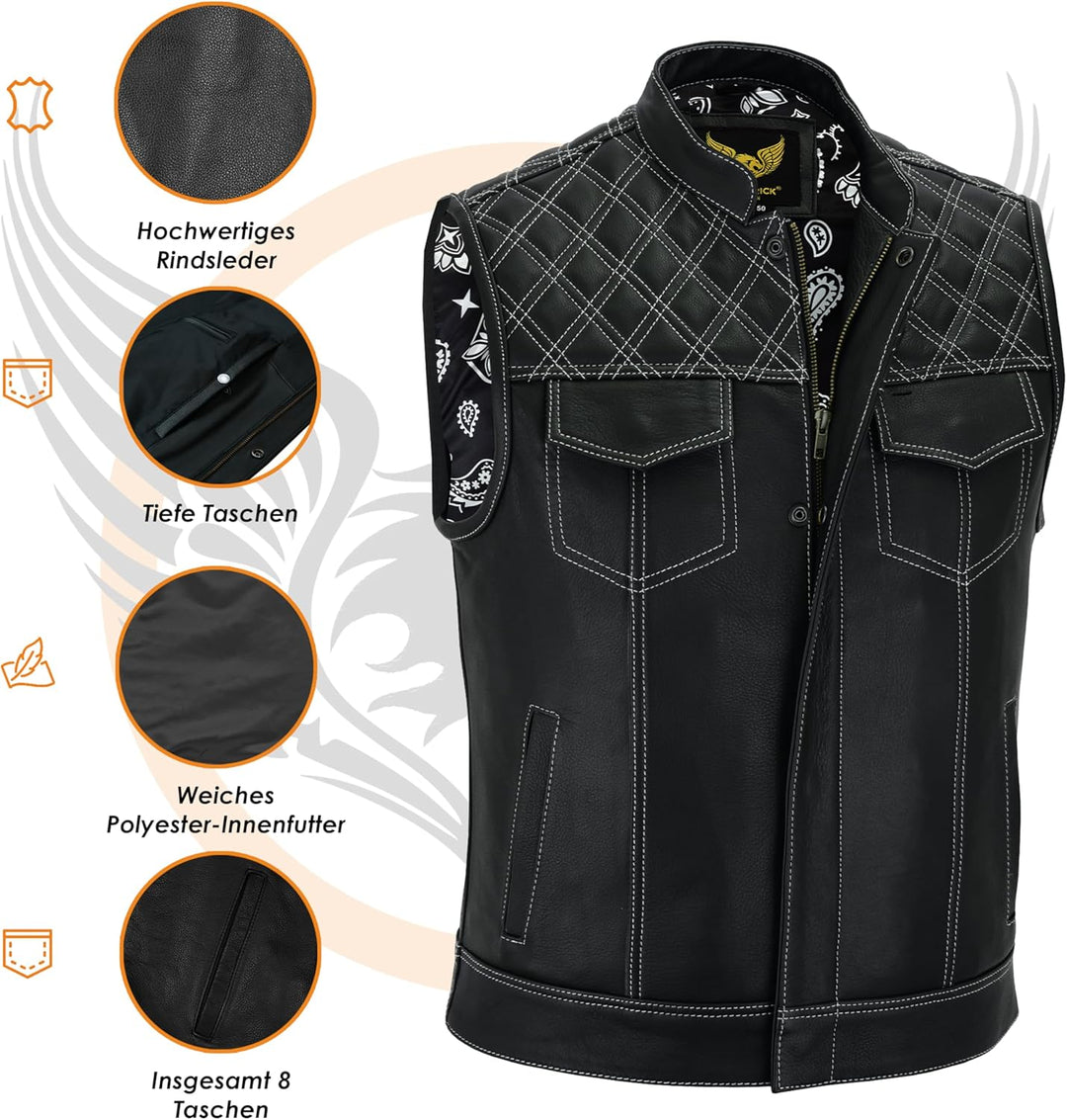 Leatherick Groove Club Herren-Motorradweste aus schwarzem Leder – Bikerweste 48 Schwarz (weisse Raut