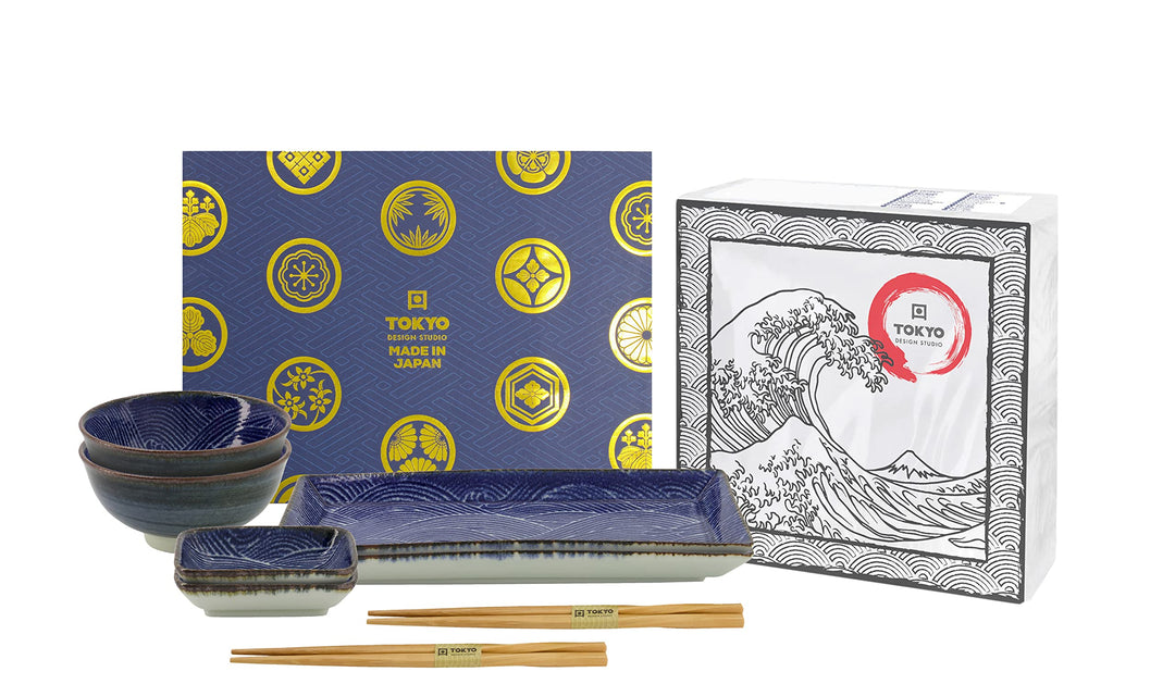TOKYO design studio Seigaiha Sushi-Sets blau -weiss, 8-TLG., 2X Sushi-Platten, 2X Saucenschalen, 2xR