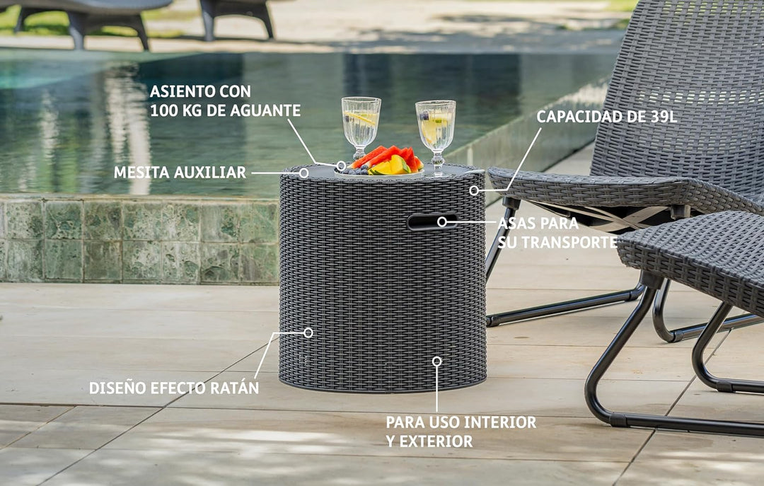 Keter 17200045 Kühlbox/Beistelltisch Cool Stool, Rattanoptik, Kunststoff, braun