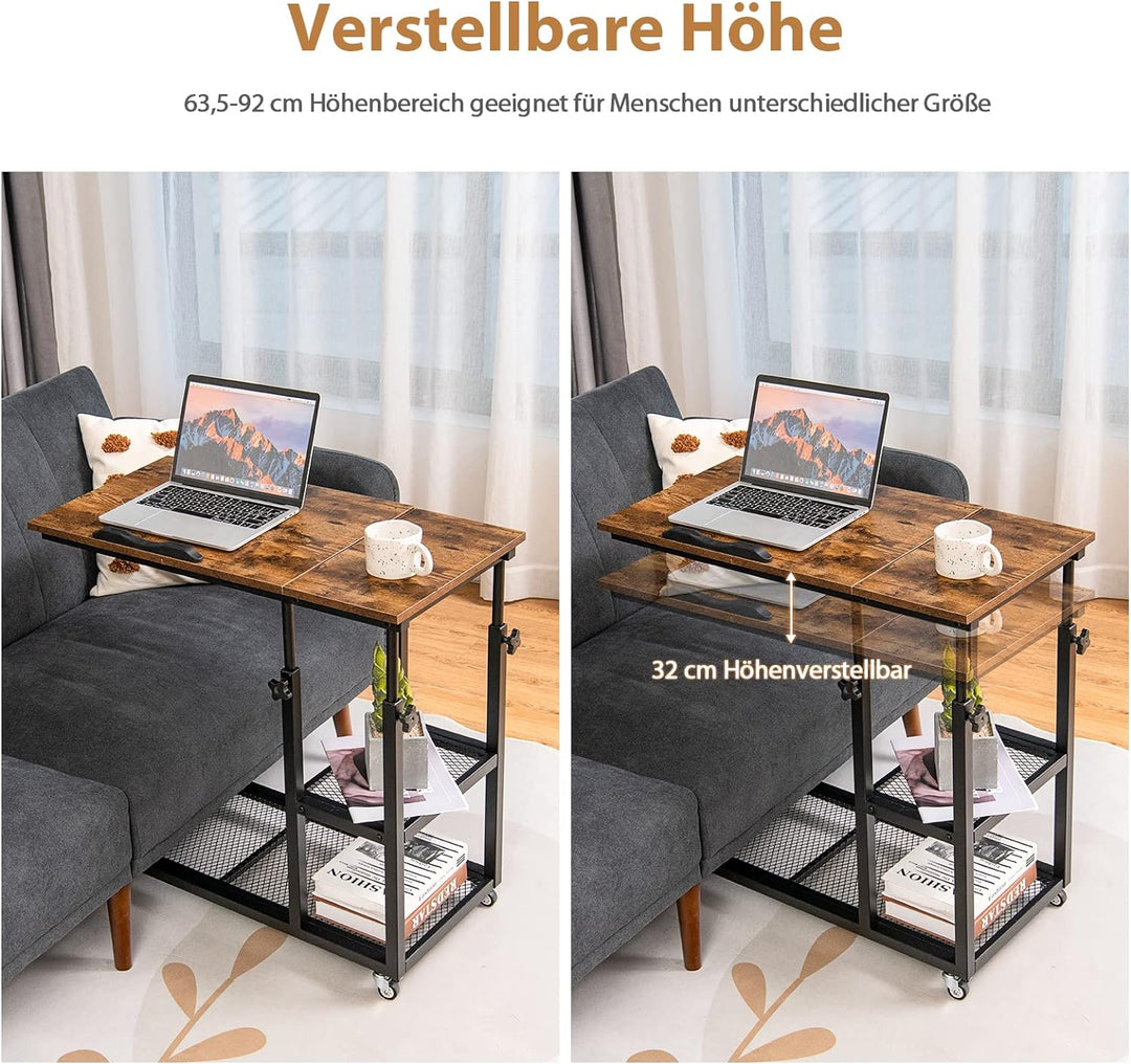COSTWAY Laptoptisch mit höhen- und neigungsverstellbar, 3 Ebenen Beistelltisch Vintage, C-förmiger S