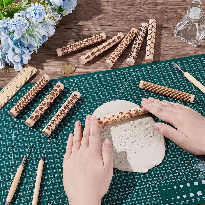 UNICRAFTALE 10 Stück 10 Stile Holz Texturwalzen Set Für Töpferkeramik Stempelroller Werkzeuge 10,2 c