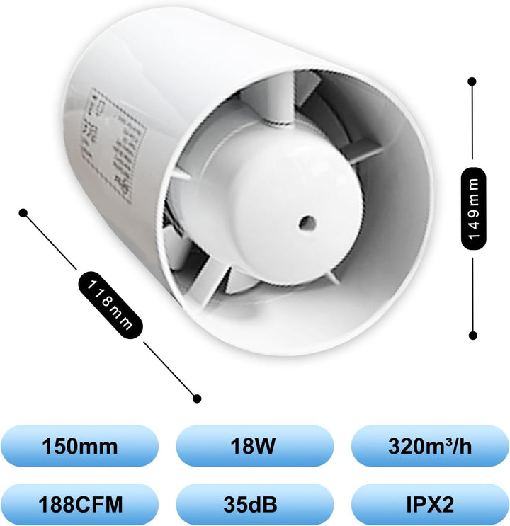 EINTTAX 150mm Rohrventilator,Inline-Abluftventilator,Leise Rohrlüfter 320m³/h,Kanalventilator Für Ba