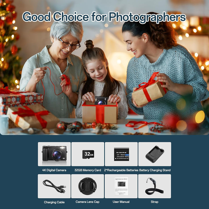 Digitalkamera 4K, 48MP 16X Autofokus Digitalzoom Fotokamera, 3 Zoll 180° Flip LCD Screen HD Kompakte