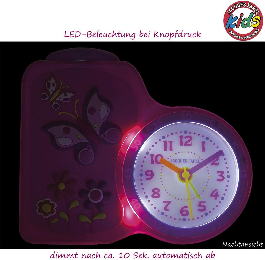 JACQUES FAREL Kinderwecker Mädchen Schmetterlinge/Blumen rosa/pink ohne Ticken, mit Licht und Snooze