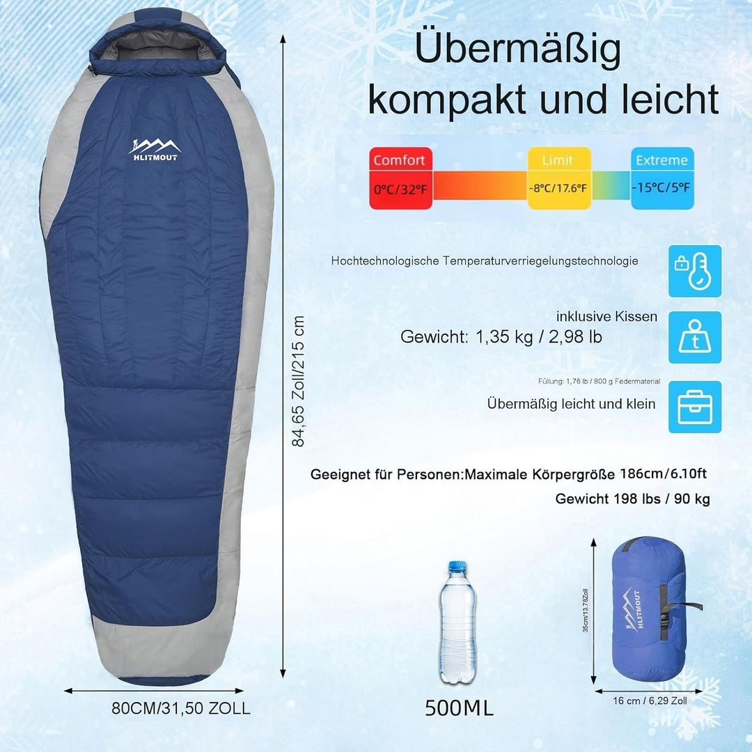 Ultraleicht Daunenschlafsack mit Kissen, Kleiner Leichter Sommer Schlafsack 680FP für Erwachsene und