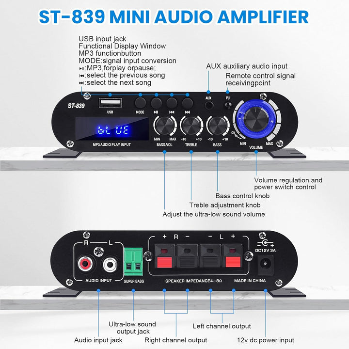 HiFi-Verstärker ST-839 Bluetooth5.0 Stereo-Audioverstärker Receivers 2.1 Kanäle 25WX2+40W Max. 100W