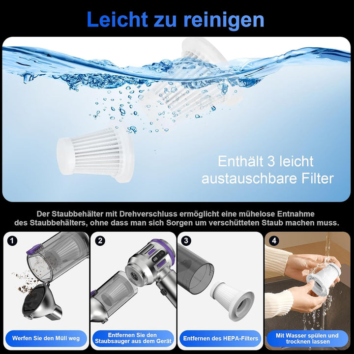 Handstaubsauger, 26000 Pa 4-In-1 Mini Staubsauger Akku Kabellos mit Digitalanzeige 1-Knopf-Selbstent
