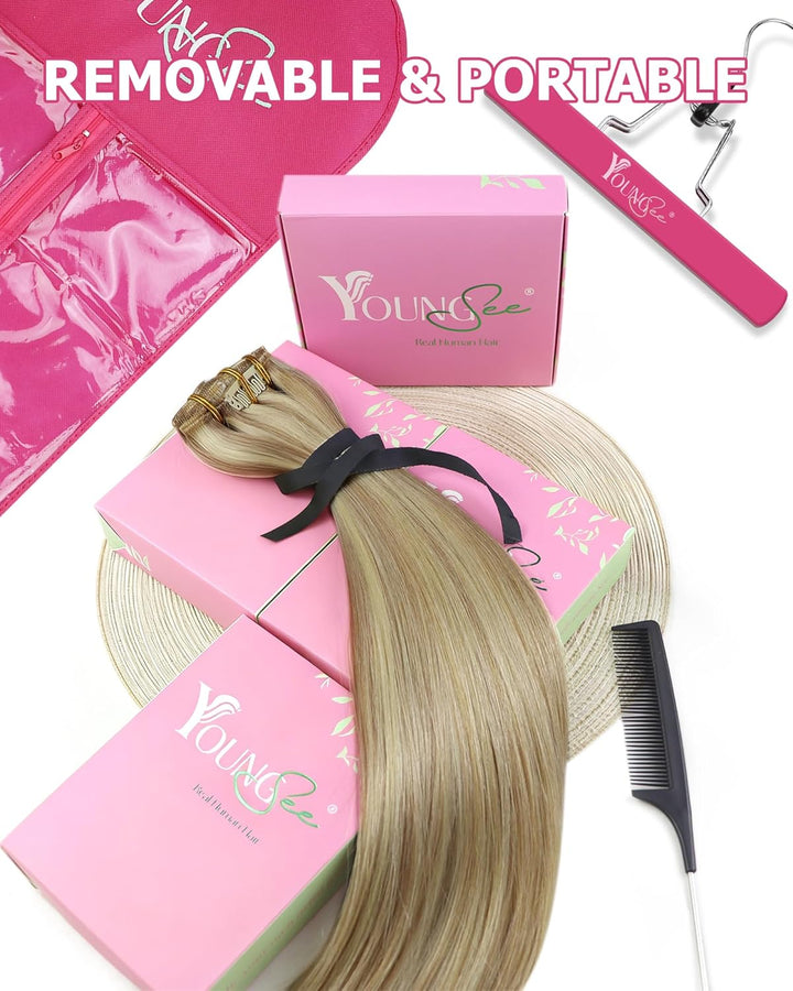 YoungSee Clip in Extensions Echthaar Clip in Extensions Echthaar Goldblond Strahnchen Mittelblond Cl