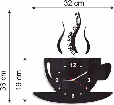 FLEXISTYLE Tasse Zeit für Kaffee Moderne Küche Wanduhr, schwarz, 3D römisch, wanduhr deko, Schwarz