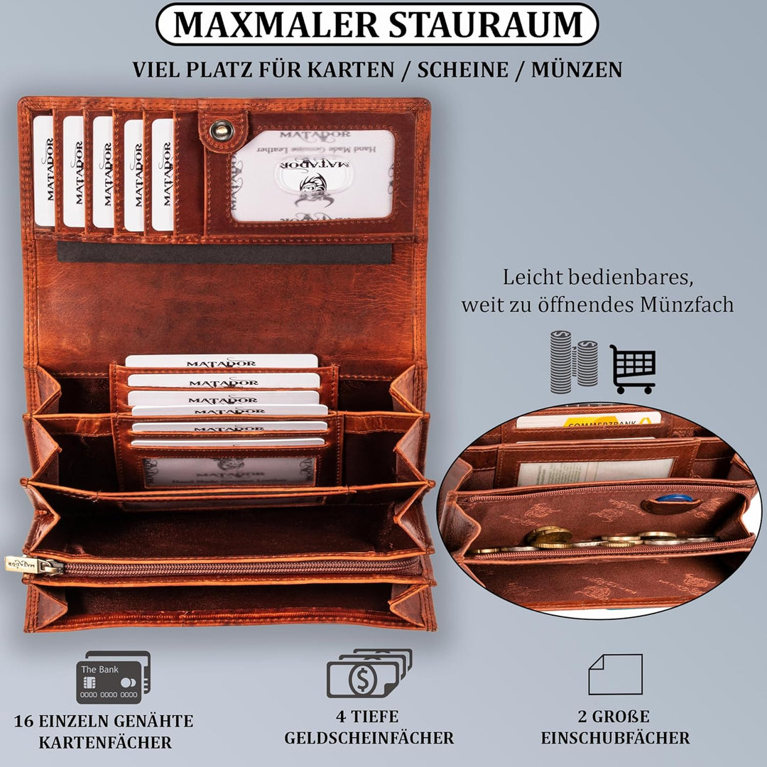 MATADOR Damen Leder Geldbörse Blumen TÜV geprüfter RFID & NFC Schutz Vintage Braun Printed Braun, Pr