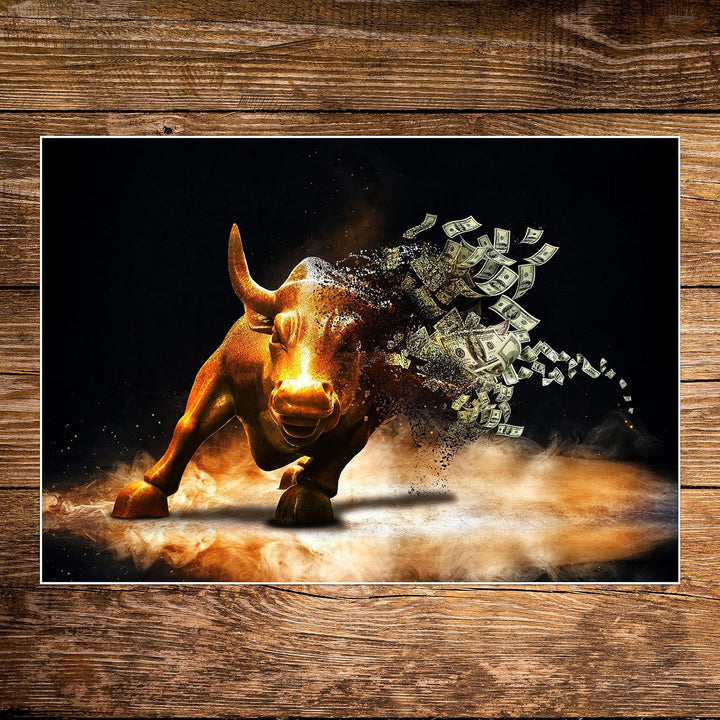 wandmotiv24 Poster als Wanddeko, Grösse 100x70cm, Goldener Stier, Dollar, Geldscheine, Geld, Tier, M