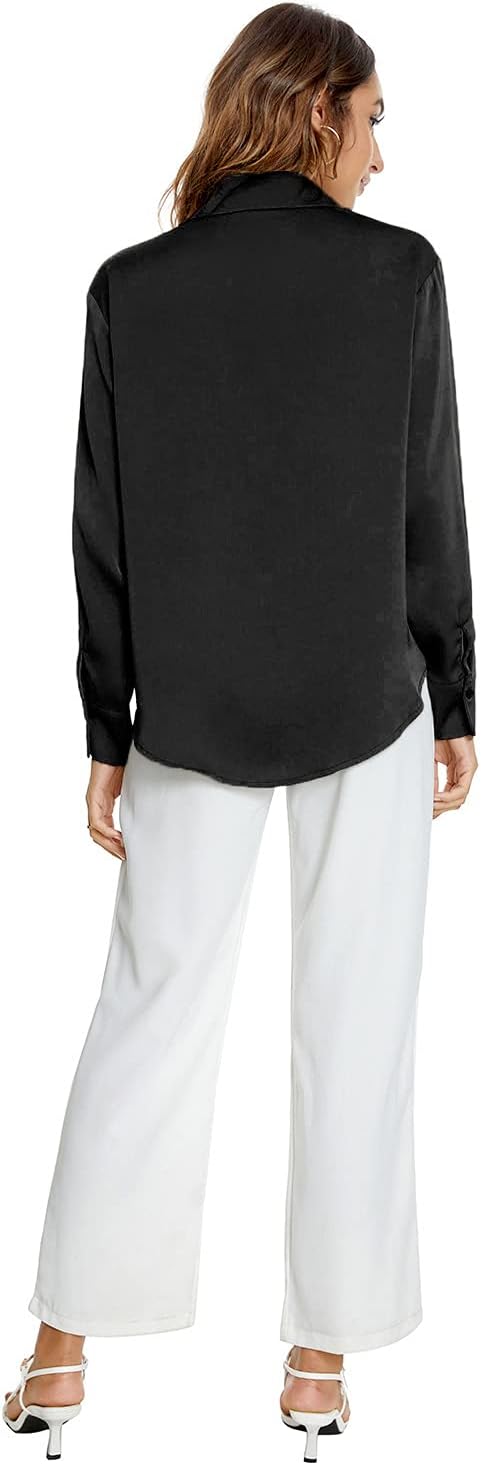 Atnlewhi Damen Bluse Langarm Knöpfen Satin Seide Hemden Basic Kent Kragen Arbeit Büro Formelle Casua