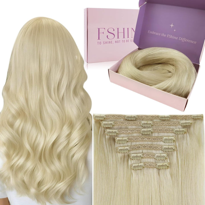 Fshine Clip in Extensions Echthaar Blond 35cm 120g Glatt Haarverlängerung Echthaar Extensionsin Clip