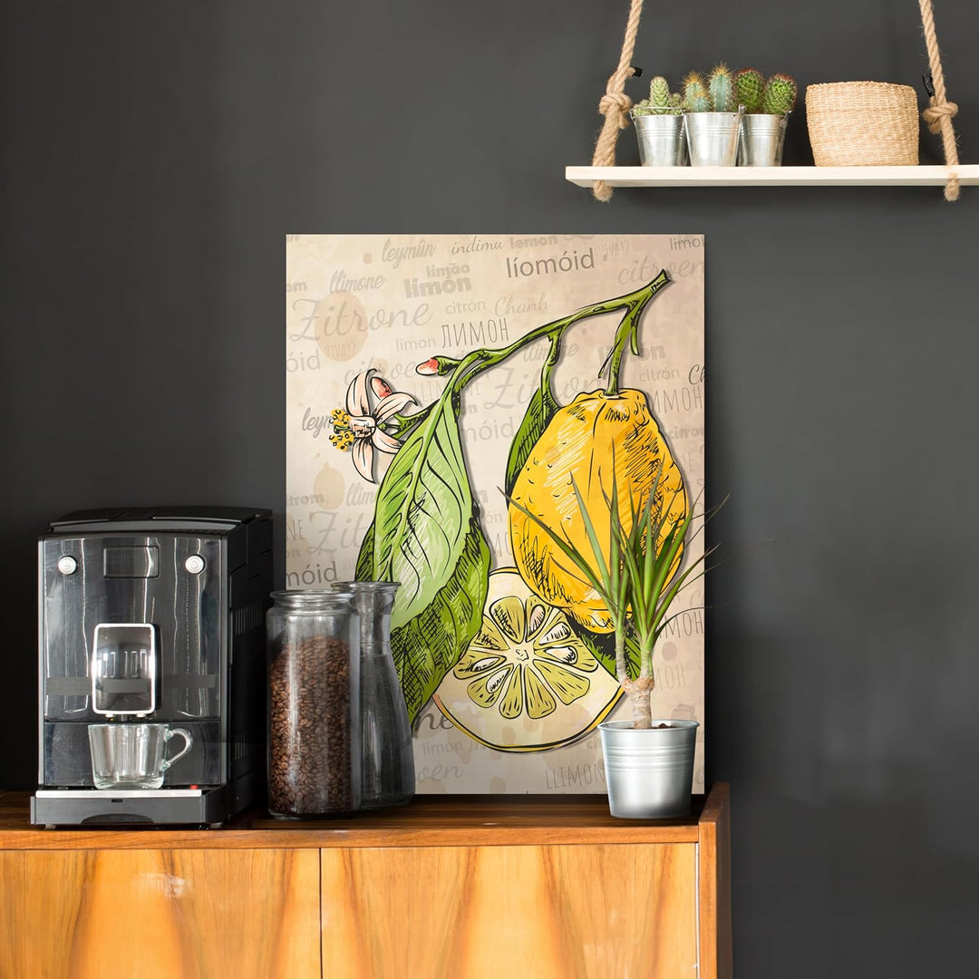 wandmotiv24 Obst & Gemüse als Leinwandbild, 60x45cm, Hochformat, Zitrone, Zeichnung, Küche, Lebensmi