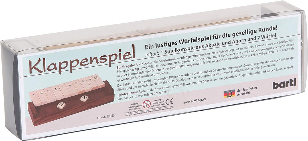 Bartl 100853 Klappenspiel, Shut The Box, Würfelspiel, hochwertige Ausführung aus Akazien- und Ahornh